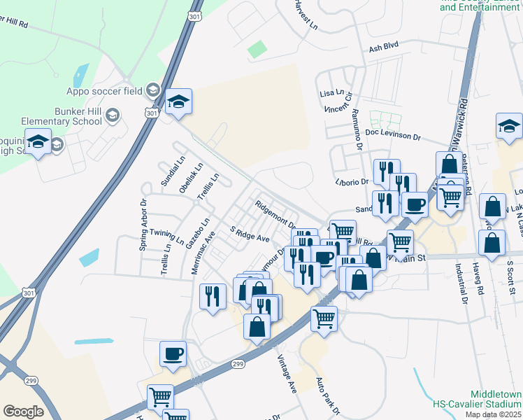 map of restaurants, bars, coffee shops, grocery stores, and more near 301 South Parkway Drive in Middletown