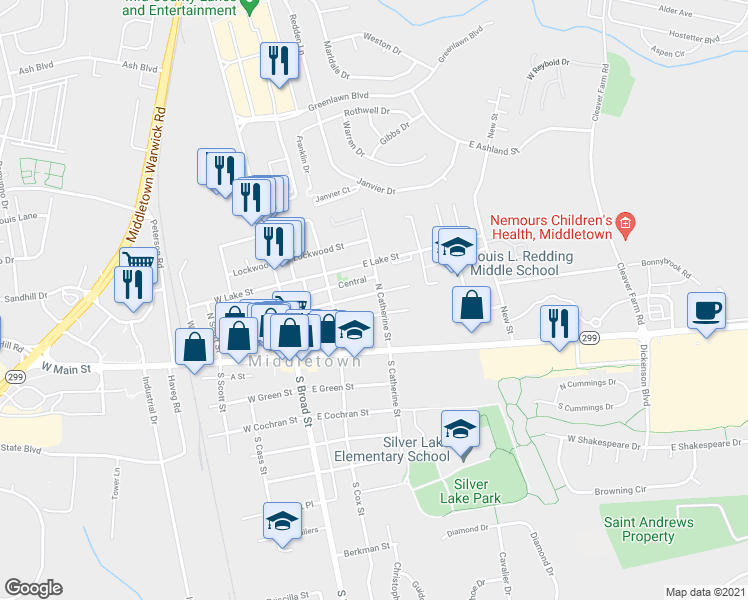 map of restaurants, bars, coffee shops, grocery stores, and more near 102 North Catherine Street in Middletown