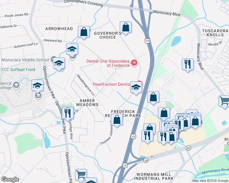 map of restaurants, bars, coffee shops, grocery stores, and more near 1753 Hillmeade Square in Frederick