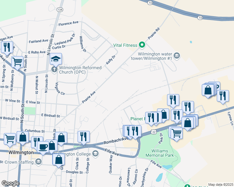 map of restaurants, bars, coffee shops, grocery stores, and more near 730 Prairie Rd in Wilmington
