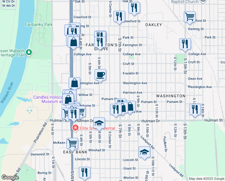 map of restaurants, bars, coffee shops, grocery stores, and more near 1436 South Center Street in Terre Haute