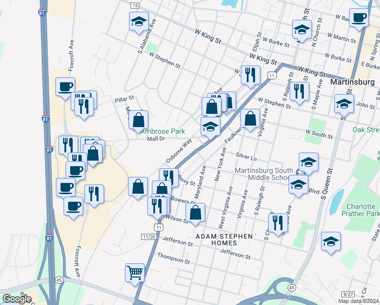 map of restaurants, bars, coffee shops, grocery stores, and more near 711 Winchester Avenue in Martinsburg