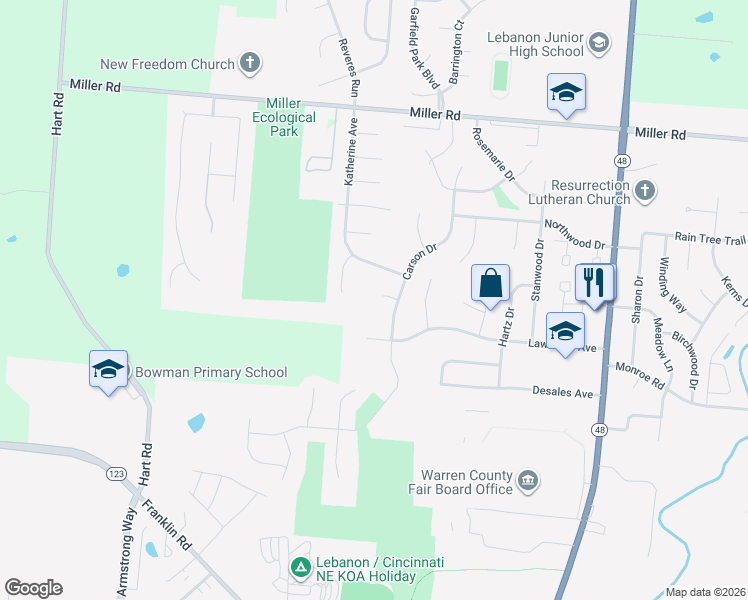 map of restaurants, bars, coffee shops, grocery stores, and more near 409 Westview Court in Lebanon