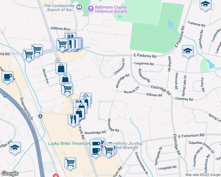 map of restaurants, bars, coffee shops, grocery stores, and more near 5 Norwick Circle in Lutherville-Timonium