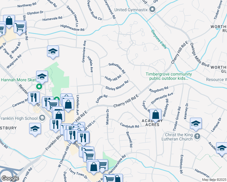 map of restaurants, bars, coffee shops, grocery stores, and more near 930 Shirley Manor Road in Reisterstown