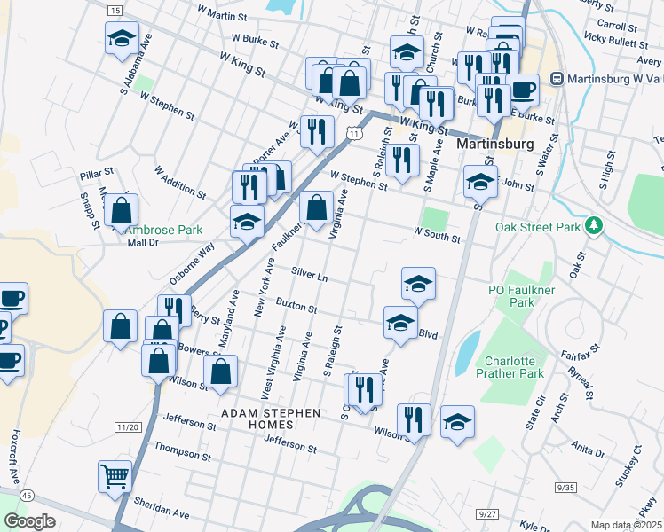 map of restaurants, bars, coffee shops, grocery stores, and more near 626 Virginia Avenue in Martinsburg