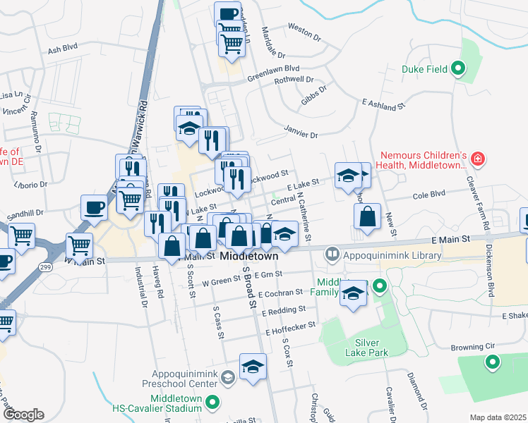 map of restaurants, bars, coffee shops, grocery stores, and more near 21 Crawford Street in Middletown