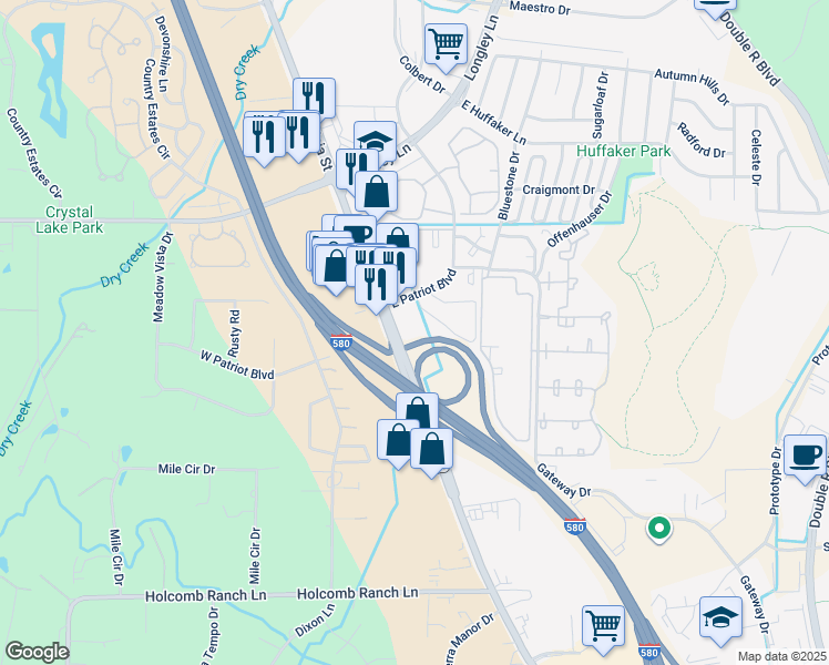 map of restaurants, bars, coffee shops, grocery stores, and more near 80 East Patriot Boulevard in Reno