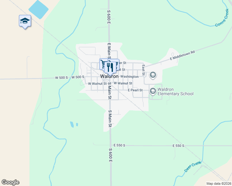 map of restaurants, bars, coffee shops, grocery stores, and more near 310 South Main Street in Waldron