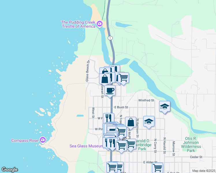 map of restaurants, bars, coffee shops, grocery stores, and more near 110 West Elm Street in Fort Bragg