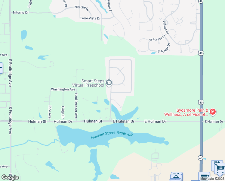 map of restaurants, bars, coffee shops, grocery stores, and more near 1166 Watertree Road in Terre Haute