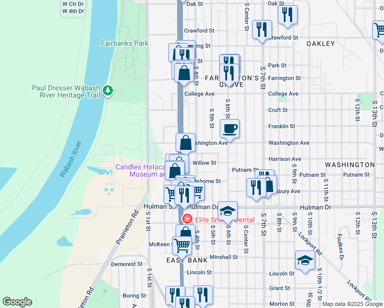 map of restaurants, bars, coffee shops, grocery stores, and more near 1435 South 4th Street in Terre Haute