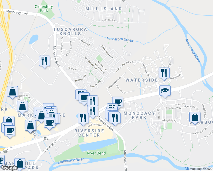 map of restaurants, bars, coffee shops, grocery stores, and more near 7914 Longmeadow Drive in Frederick