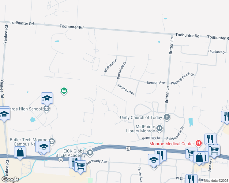 map of restaurants, bars, coffee shops, grocery stores, and more near 404 Doverdale Drive in Monroe