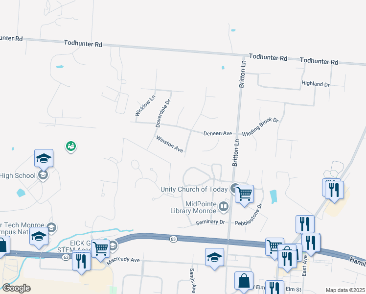 map of restaurants, bars, coffee shops, grocery stores, and more near 427 North Sands Avenue in Monroe