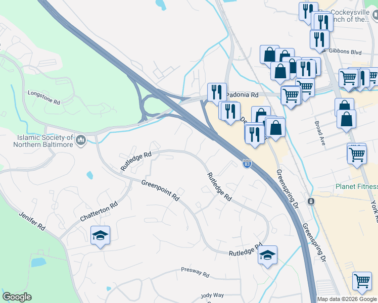 map of restaurants, bars, coffee shops, grocery stores, and more near 1 Castlehill Court in Lutherville-Timonium