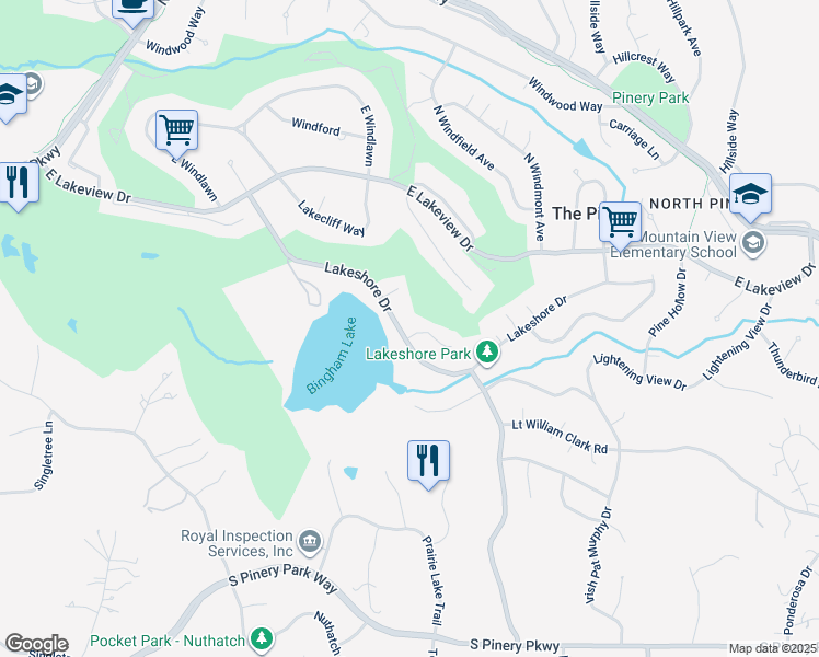 map of restaurants, bars, coffee shops, grocery stores, and more near 7837 Lakeshore Court in Parker