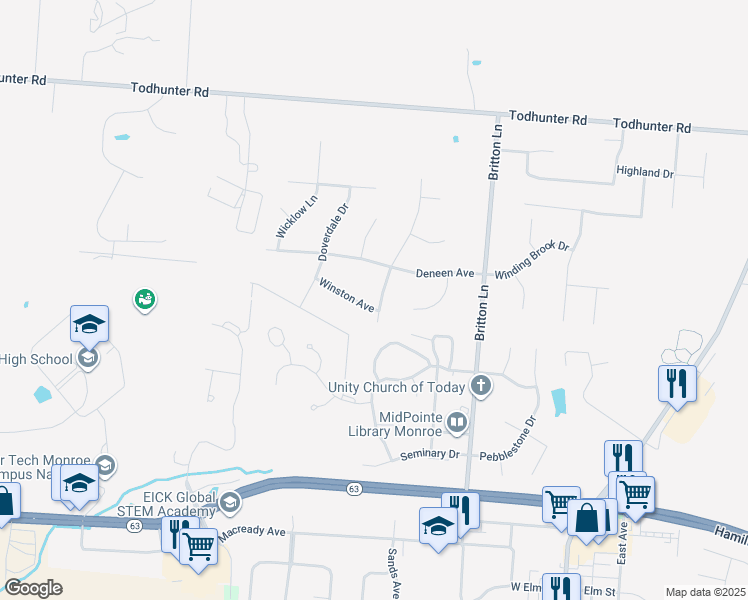 map of restaurants, bars, coffee shops, grocery stores, and more near 427 North Sands Avenue in Monroe