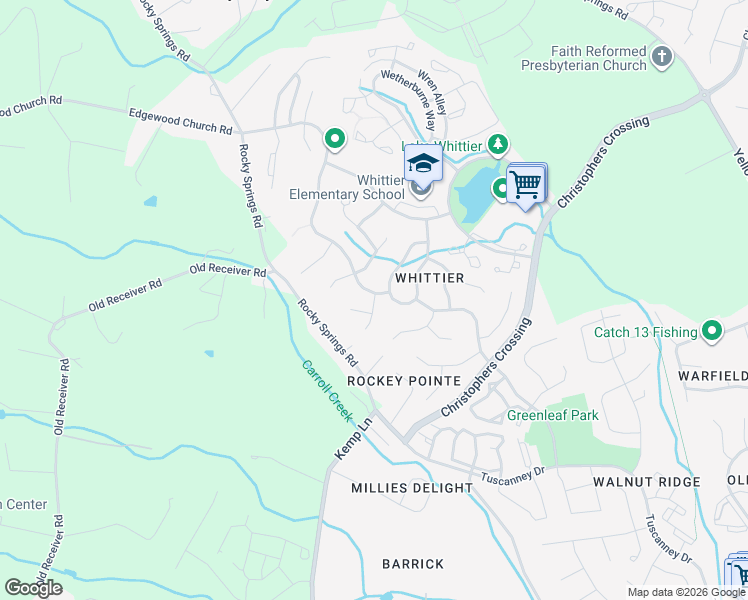 map of restaurants, bars, coffee shops, grocery stores, and more near 2403 Shaker Lane in Frederick