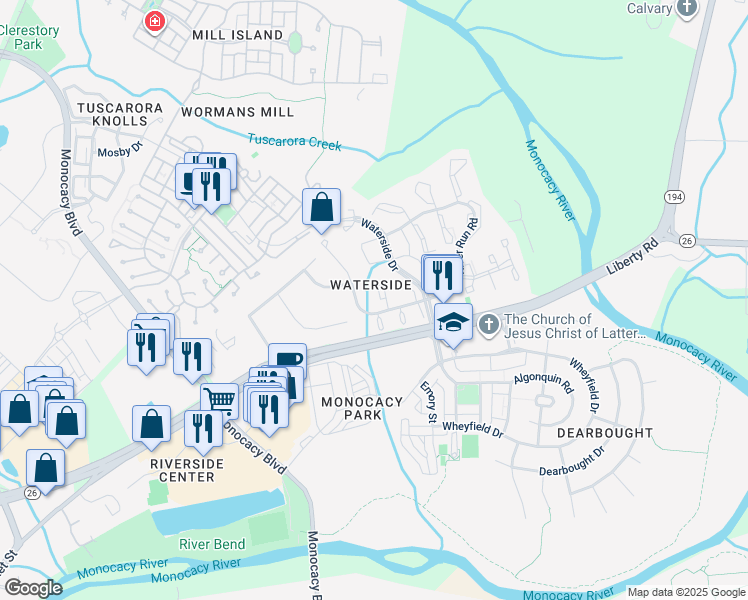map of restaurants, bars, coffee shops, grocery stores, and more near 8002 Cattail Court in Frederick