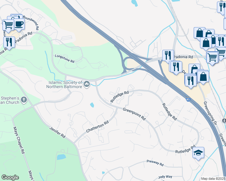 map of restaurants, bars, coffee shops, grocery stores, and more near 4 Belmullet Court in Lutherville-Timonium