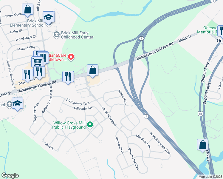 map of restaurants, bars, coffee shops, grocery stores, and more near 352 Wilmore Drive in Middletown