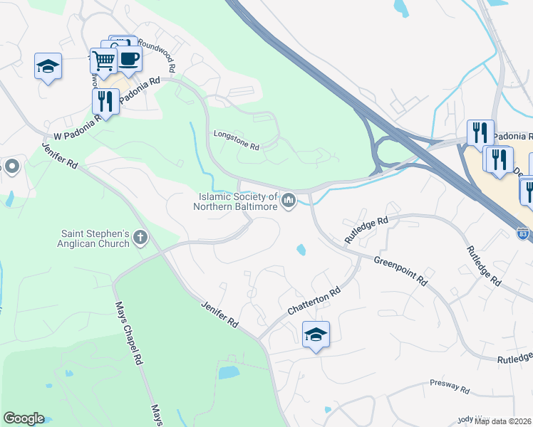 map of restaurants, bars, coffee shops, grocery stores, and more near 680 Budleigh Circle in Timonium