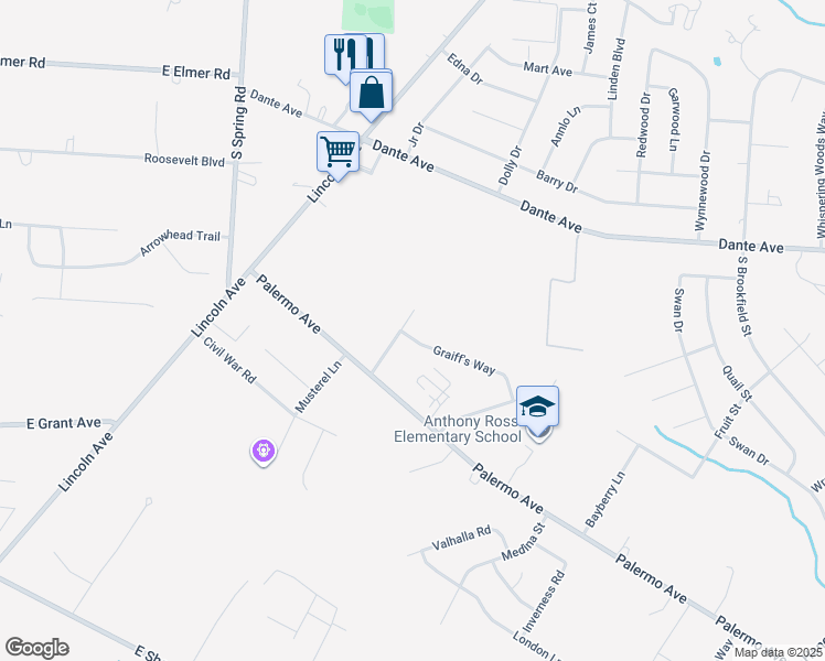 map of restaurants, bars, coffee shops, grocery stores, and more near 2435 Graiff's Way in Vineland