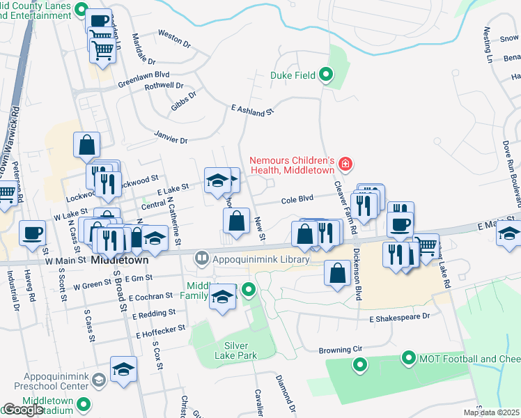 map of restaurants, bars, coffee shops, grocery stores, and more near 4 Cole Boulevard in Middletown