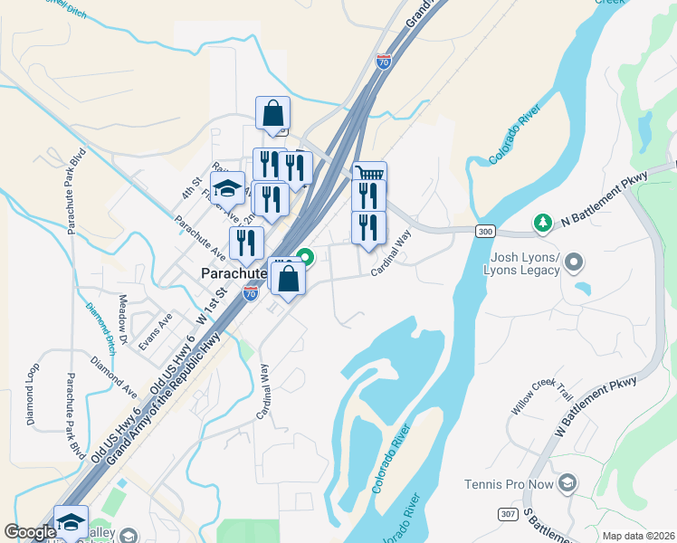 map of restaurants, bars, coffee shops, grocery stores, and more near 28 Cardinal Way in Parachute