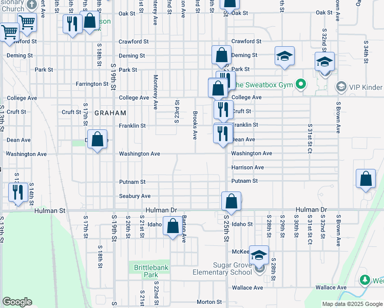 map of restaurants, bars, coffee shops, grocery stores, and more near 2499 Washington Avenue in Terre Haute