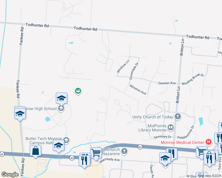 map of restaurants, bars, coffee shops, grocery stores, and more near 203 Wexford Drive in Monroe