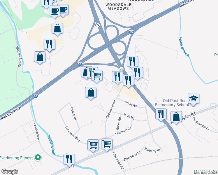 map of restaurants, bars, coffee shops, grocery stores, and more near 2111 Emmorton Park Road in Edgewood