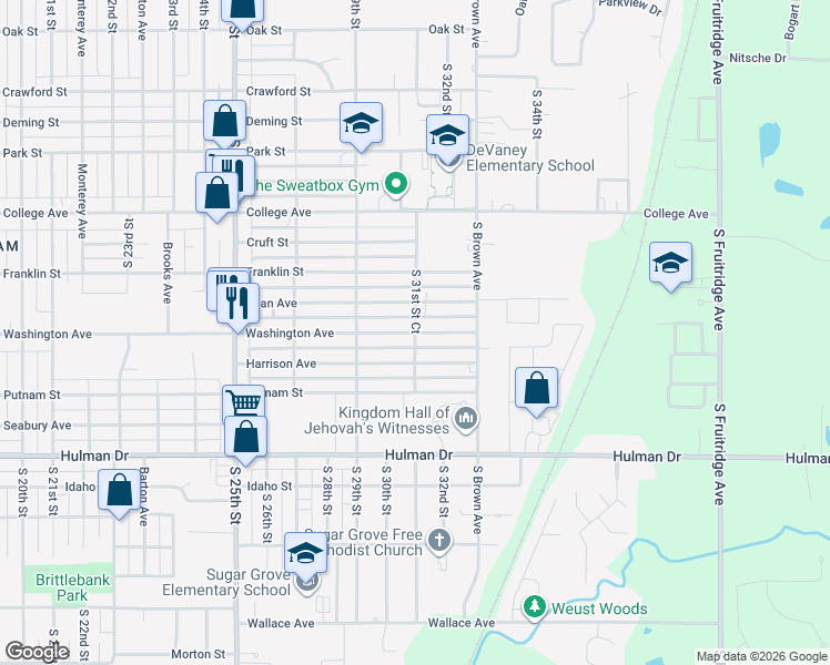 map of restaurants, bars, coffee shops, grocery stores, and more near 1451 South 31st Street in Terre Haute