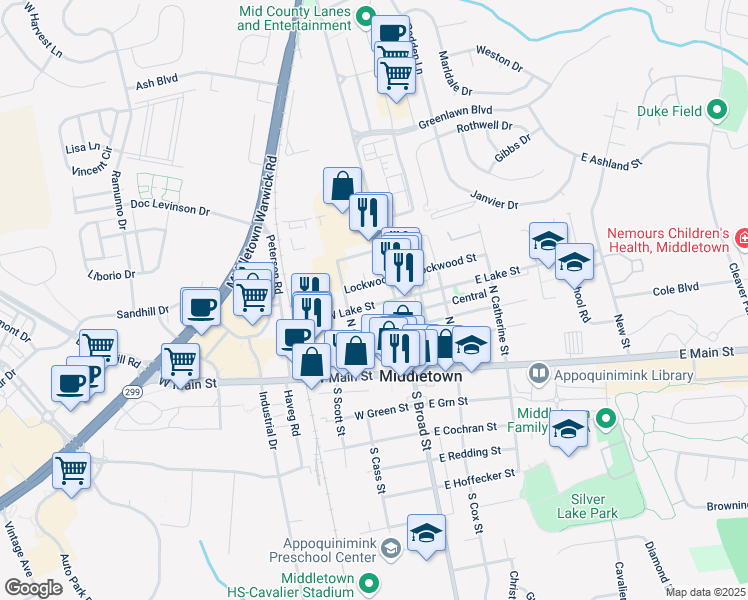 map of restaurants, bars, coffee shops, grocery stores, and more near 34 West Lake Street in Middletown