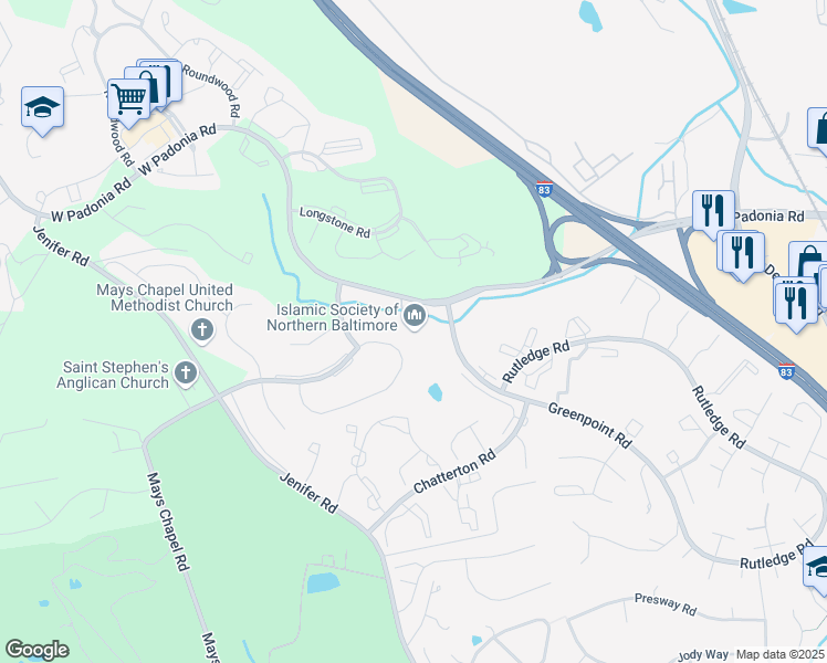 map of restaurants, bars, coffee shops, grocery stores, and more near 495 West Padonia Road in Lutherville-Timonium