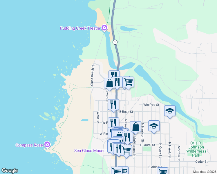 map of restaurants, bars, coffee shops, grocery stores, and more near 151 West Elm Street in Fort Bragg