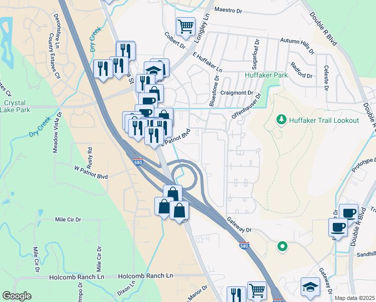 map of restaurants, bars, coffee shops, grocery stores, and more near 80 East Patriot Boulevard in Reno