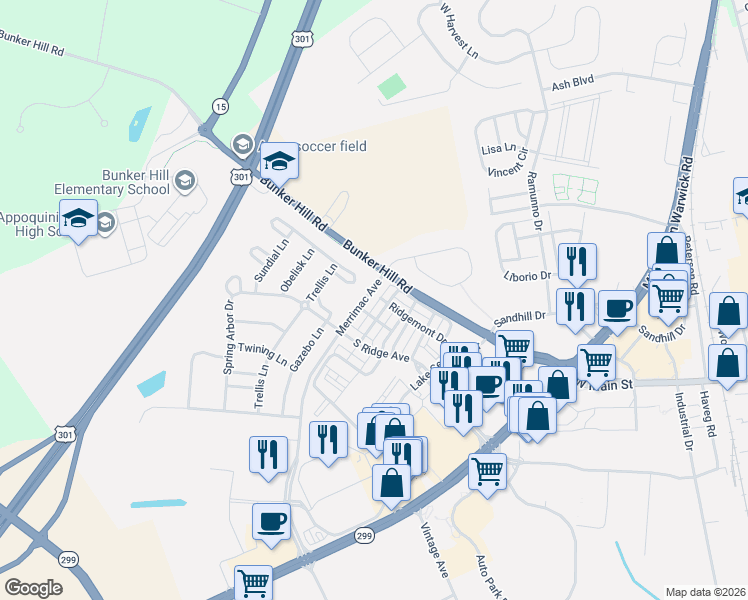 map of restaurants, bars, coffee shops, grocery stores, and more near 408 Toftrees Drive in Middletown