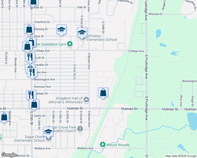 map of restaurants, bars, coffee shops, grocery stores, and more near 1439 South White Pine Street in Terre Haute