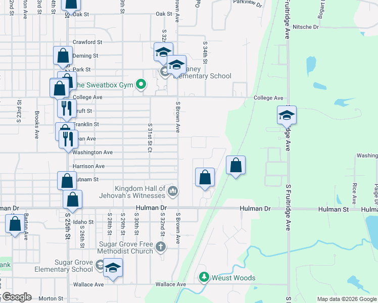map of restaurants, bars, coffee shops, grocery stores, and more near 1446 S Brown Ave in Terre Haute