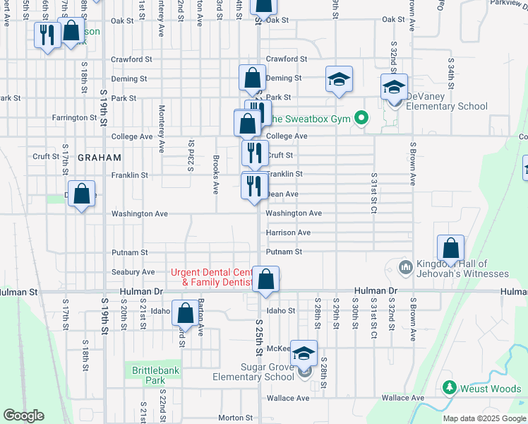 map of restaurants, bars, coffee shops, grocery stores, and more near 2528 Harrison Avenue in Terre Haute