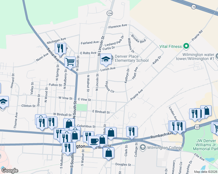 map of restaurants, bars, coffee shops, grocery stores, and more near 360 Virginia Circle in Wilmington