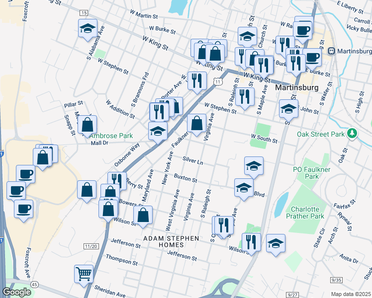 map of restaurants, bars, coffee shops, grocery stores, and more near 609 West Virginia Avenue in Martinsburg
