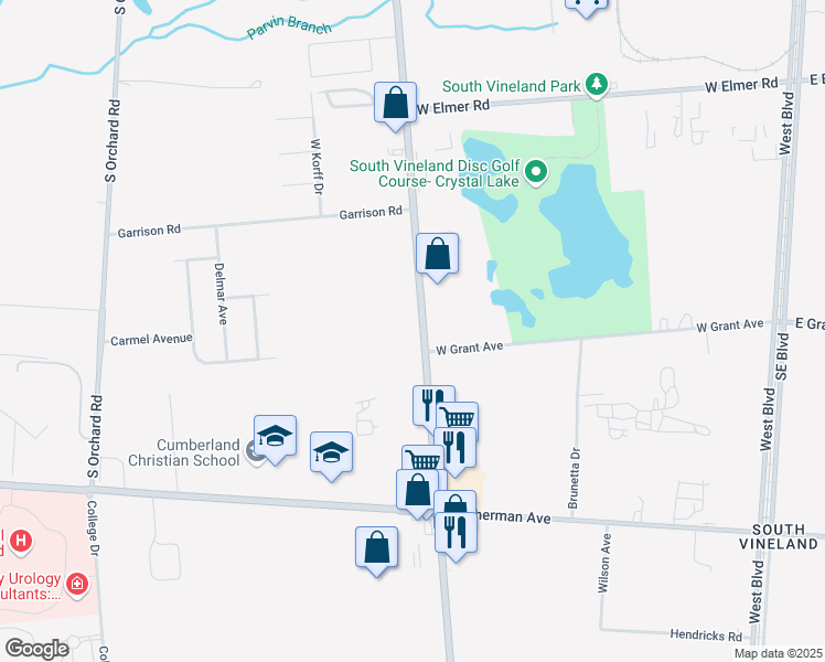 map of restaurants, bars, coffee shops, grocery stores, and more near 2392 South Delsea Drive in Vineland