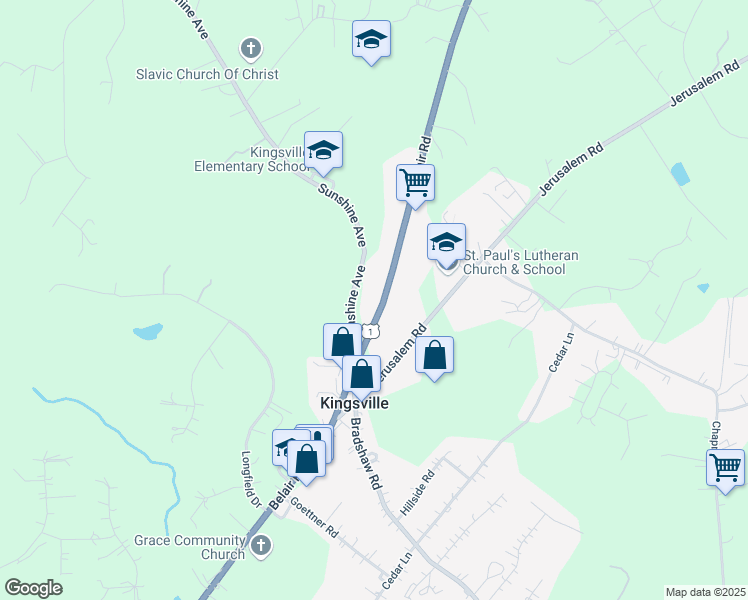 map of restaurants, bars, coffee shops, grocery stores, and more near 11940 Belair Road in Kingsville