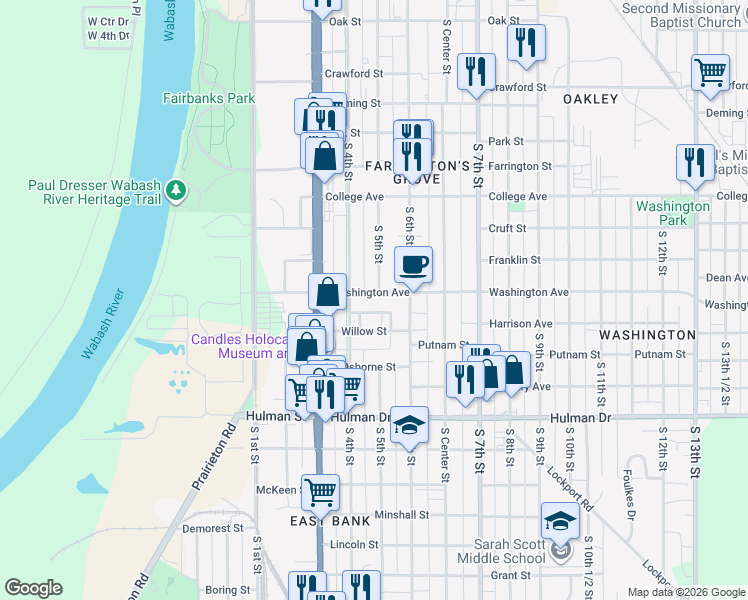map of restaurants, bars, coffee shops, grocery stores, and more near 302 Willow Street in Terre Haute
