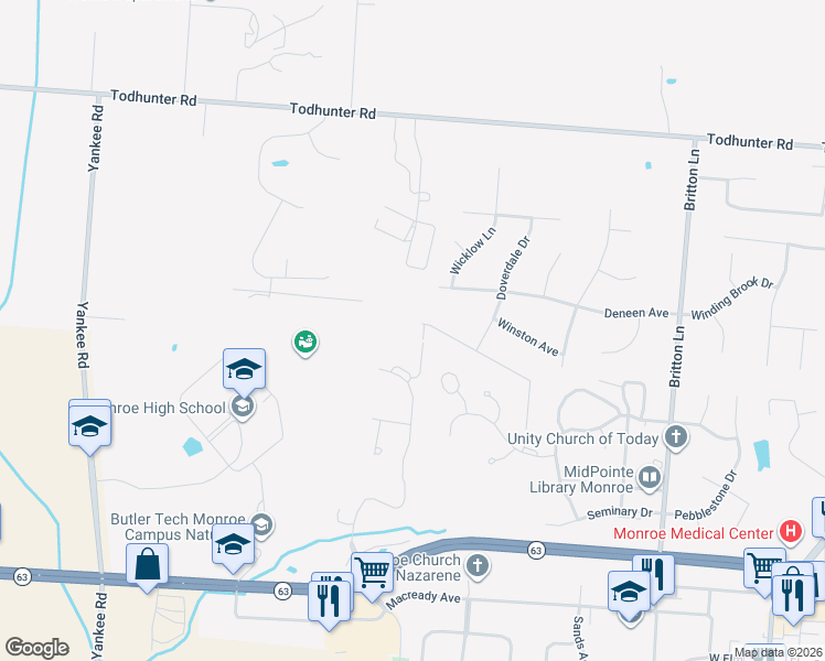 map of restaurants, bars, coffee shops, grocery stores, and more near 215 Wexford Drive in Monroe