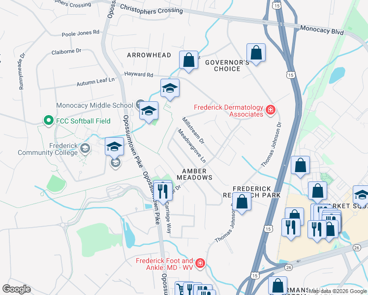 map of restaurants, bars, coffee shops, grocery stores, and more near 1818 Rocky Glen Drive in Frederick