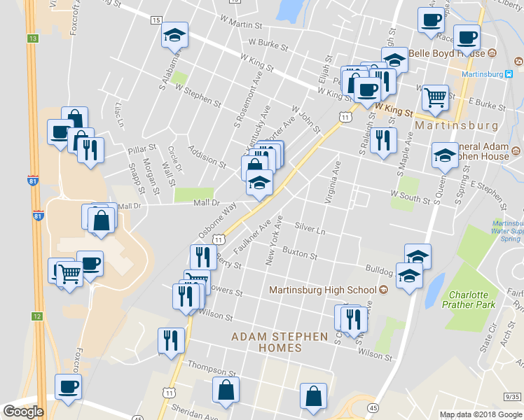 map of restaurants, bars, coffee shops, grocery stores, and more near 650 Winchester Avenue in Martinsburg